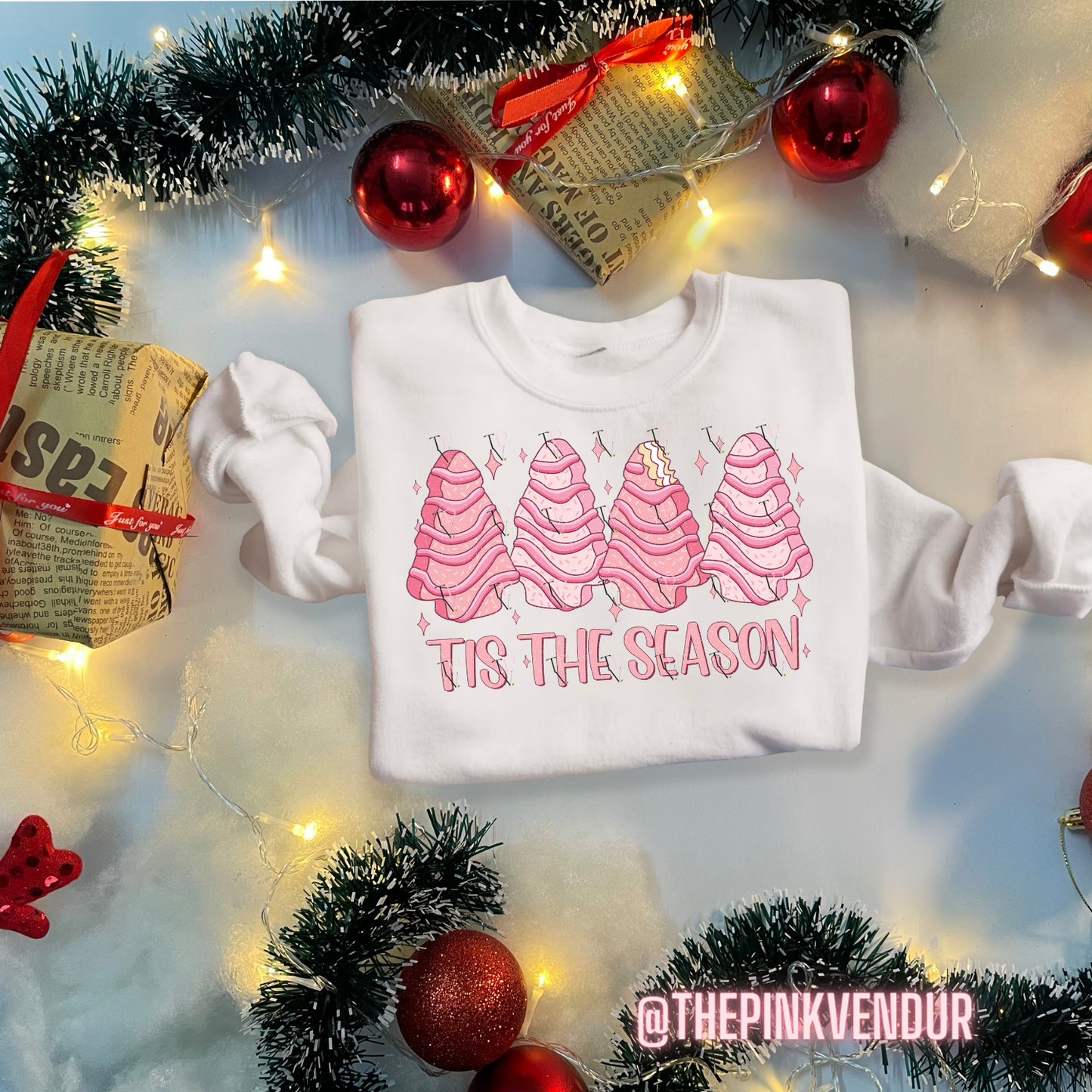 Tis The Season Pink Tree Cakes Crew Neck