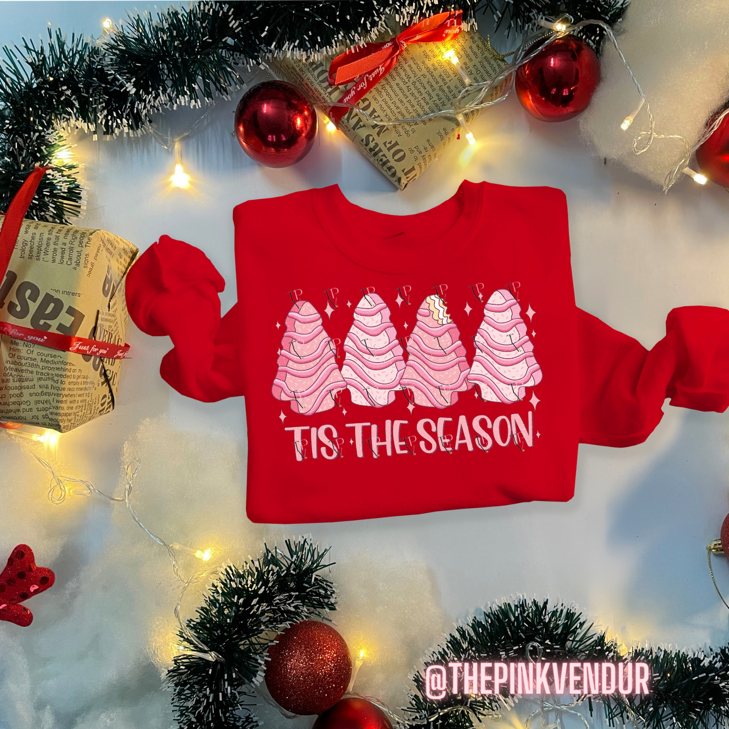 Tis The Season Pink Tree Cakes Crew Neck